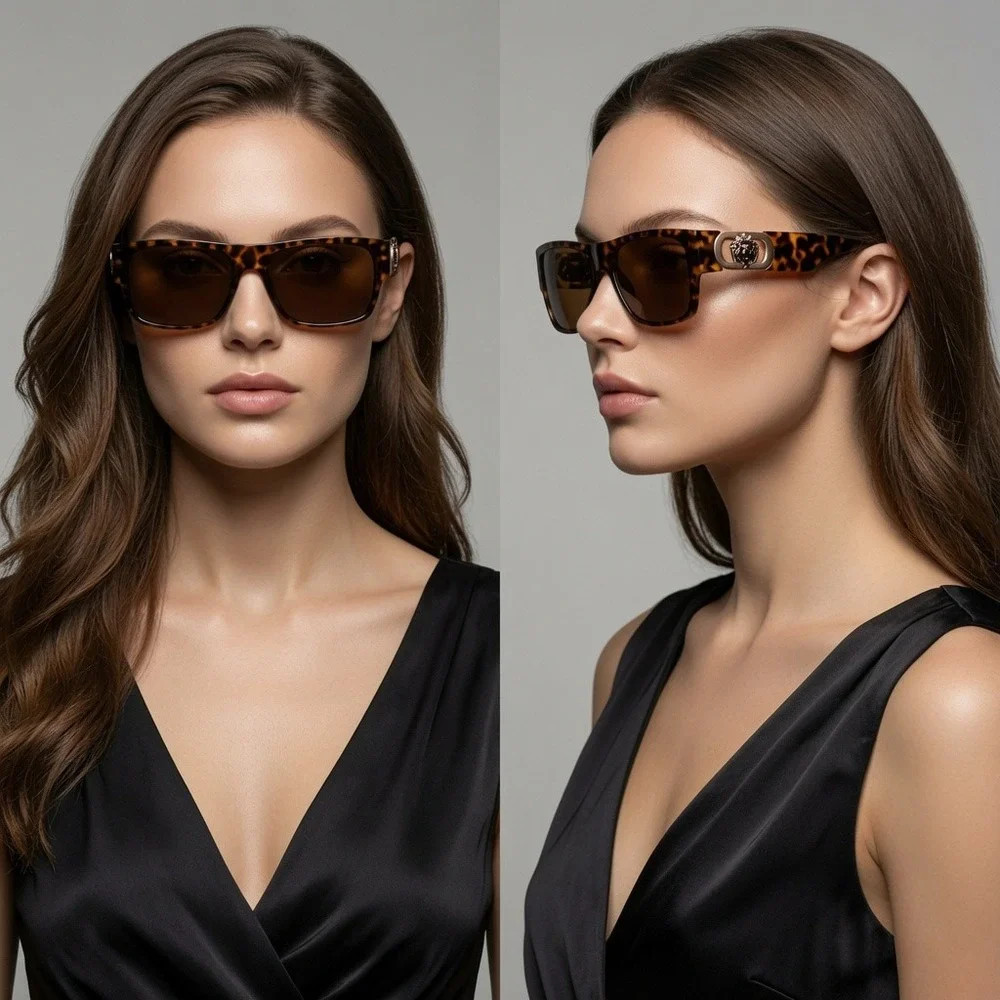 Womens Rectangular Tortoise Shell Sunglasses Gold Flat Top Brown Lens Luxury New